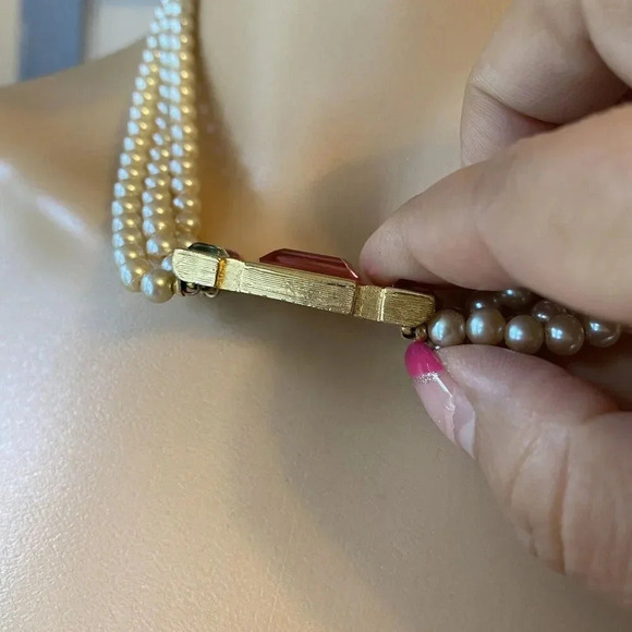 VTG 3 Strand Faux Pearl Gemstone Choker Necklace Party Formal Wedding Princess - Picture 11 of 12
